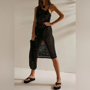 NWT $70 FREE PEOPLE Beach Catch Me Fauxchet Midi Crochet Knit DRESS Black L